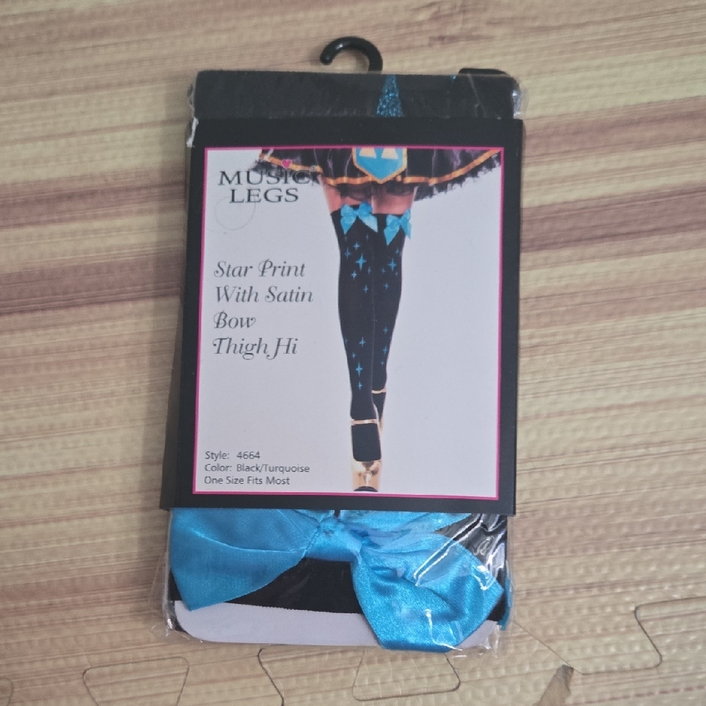 Music Legs Black and Turquoise Star Thigh Highs
